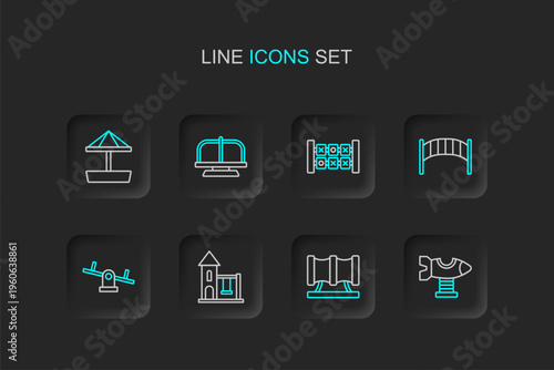 Set line Swing plane, Kid playground slide pipe, for kids, Seesaw, Playground bridge, Education logic game, Attraction carousel and Sandbox with sand icon. Vector