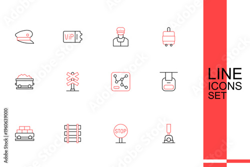 Set line Arrow for switching the railway, Stop sign, Railway barrier, Cargo train wagon, Cable car, map, Railroad crossing and Coal icon. Vector