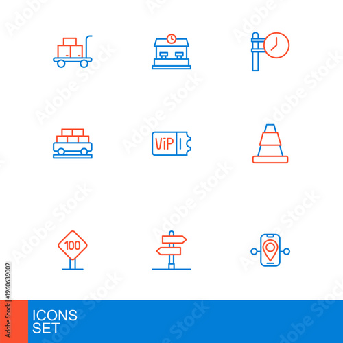 Set line Route location, Road traffic sign, Speed limit 100 km, Traffic cone, Cargo train wagon, Train ticket, station clock and Railway icon. Vector