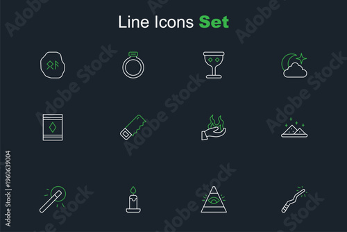 Set line Magic wand, All-seeing eye of God, Burning candle, powder, Hand holding fire, saw and carpet icon. Vector