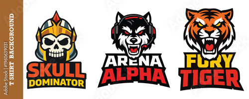 Arena alpha wolf and skull dominator mascot series for professional gaming team identities.