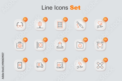 Set line Crossed bandage plaster, Medical prescription, Clinical record laptop, Ambulance car, Emergency call 911, Test tube with blood, health folder and Hospital building icon. Vector
