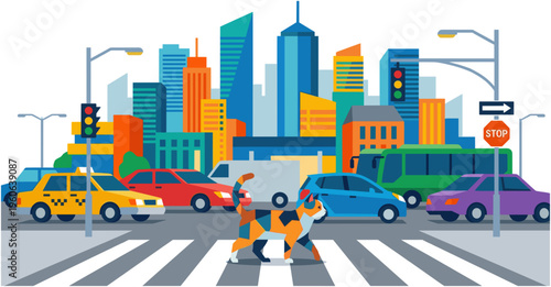 People walk across a busy city street with cars and buildings