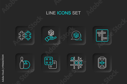 Set line Table football, Tic tac toe game, Game dice, Bowling pin and, Crossword, and Puzzle pieces toy icon. Vector