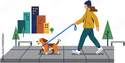 Woman walks dog on city sidewalk with buildings and trees nearby