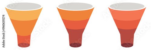 Red yellow funnel infographic, marketing strategy and business process visualization, 2 to 6 part funnel diagram, data conversion and sales workflow illustration, vector