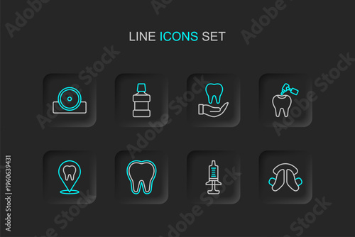 Set line Dental tooth plate, Syringe, Tooth, clinic location, with caries and drill, Mouthwash and Otolaryngological head reflector icon. Vector