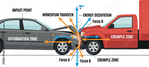 Car crash impact diagram with crumple zones energy dissipation momentum transfer and collision physics vector illustration
