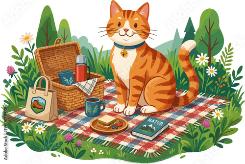 A curious cat sits on a colorful picnic blanket in a lush green garden