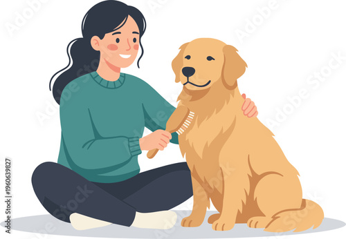 A woman sits on the ground petting a golden dog indoors with love.