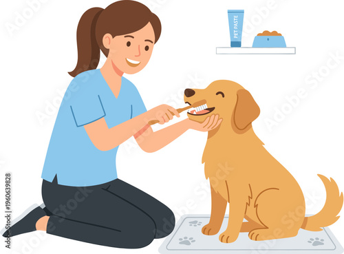 Woman brushing dog's teeth on a mat with toothbrush and toothpaste nearby indoors