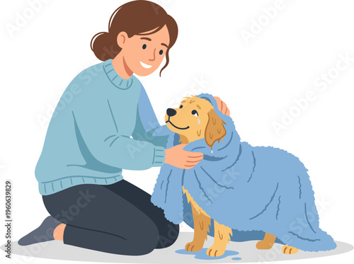 Woman gently towels and comforts golden retriever after bath at home indoors