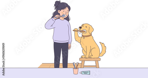 A woman brushing dog's teeth on stool indoors with toothbrush