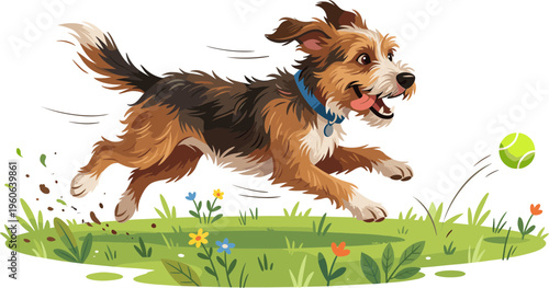 A dog runs quickly through a grassy field chasing a ball.