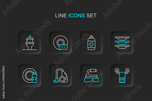 Set line Towel on hanger, Brush for cleaning, Vacuum cleaner, Dishwashing bottle and plate, Washing dishes, Antibacterial soap, and Toilet bowl icon. Vector