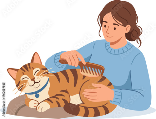 Woman gently brushing a happy cat's fur on a brown cushion indoors