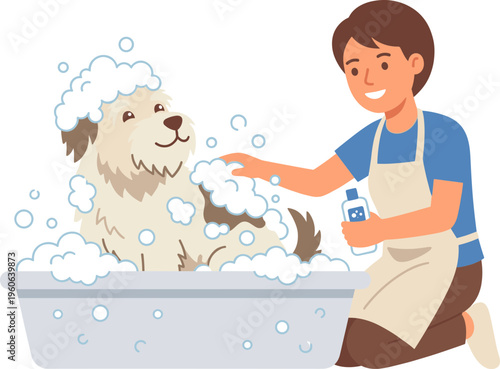A woman gives a dog a bath with shampoo and water outdoors.
