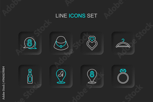 Set line Diamond engagement ring, 8 March, Woman shoe, Champagne bottle, Hanger wardrobe, Heart, Handbag and speech bubble icon. Vector