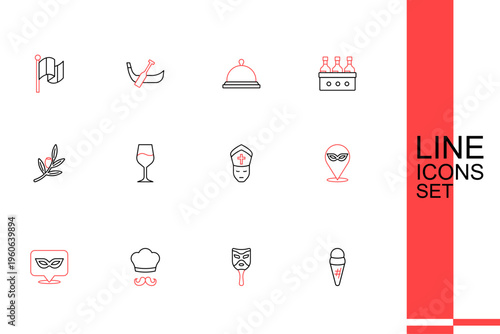 Set line Ice cream in waffle, Carnival mask, Italian cook, Pope, Wine glass and Olives branch icon. Vector