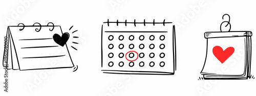 Hand Drawn Love Reminder Doodle Set. Calendar, Planner Notebook and Cooking Pot with Heart Icons, Cute Daily Life Sketch Collection.