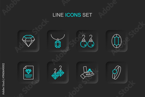 Set line Diamond engagement ring, box, Earrings, Certificate of the diamond, Gem stone, Pendant necklace and icon. Vector