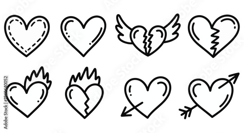 Hand-drawn style black and white icons featuring various heart shapes, including whole hearts, broken hearts, hearts with wings, and hearts pierced by arrows, Broken Heart, Set, Hand, Icon, Drawn