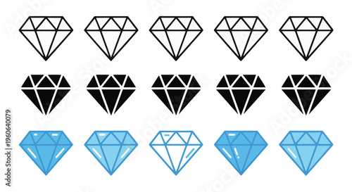 Three rows of diamond icons, featuring faceted gem shapes in outline style, solid black fills, and vibrant blue shades, arranged clearly on a white background, Gem, Faceted, Design, Row, Set, Icon