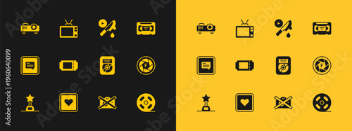 Set VHS video cassette tape, Like heart, CD disk award in frame, Prohibition no recording, Cinema ticket, Thriller movie, Movie, film, media projector and Retro tv icon. Vector