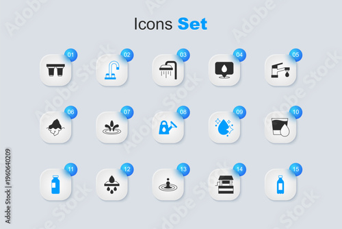 Set Well, Water drop, tap, Bottle of water, Glass with, filter cartridge and Watering can icon. Vector