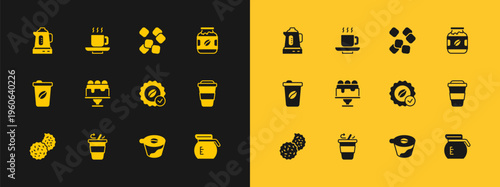 Set Coffee jar bottle, cup to go, Medal for coffee, Pour over maker, Cake, Sugar cubes, Electric kettle and icon. Vector