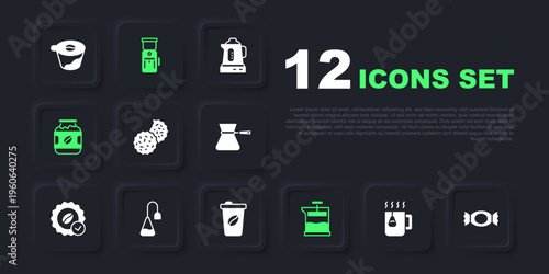 Set Cup of tea with bag, Candy, Cookie or biscuit, French press, Coffee jar bottle, Tea, Electric coffee grinder and cup to go icon. Vector
