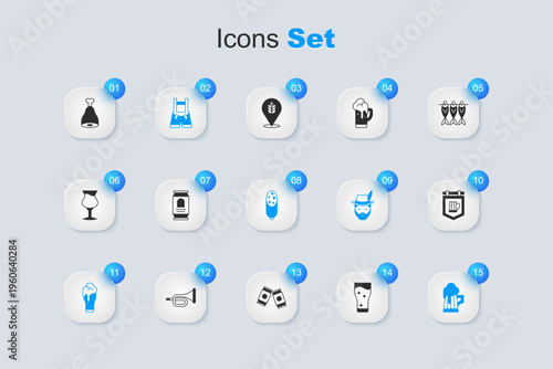 Set Glass of beer, Beer can, Lederhosen, Wooden mug, Street signboard with, Chicken leg and Salami sausage icon. Vector