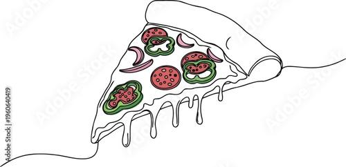 Continuous line drawing of a pizza slice with colorful toppings