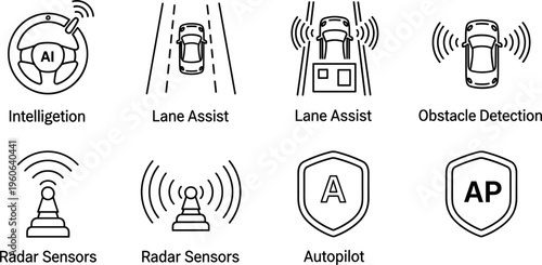 Autonomous driving and AI car technology icons set with lane assist radar sensors obstacle detection and autopilot vector illustration