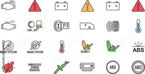 Car dashboard warning icons set with battery brake system seatbelt ABS and temperature indicators vector illustration