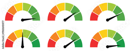 Speedometer gauge meter icons, vector scale performance indicator set, speed dial control dashboard symbols, measurement level UI design, acceleration and performance tracking, automotive instrument 