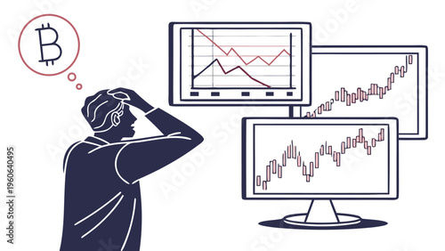 Person watching fluctuating cryptocurrency charts on multiple screens with concern and stress