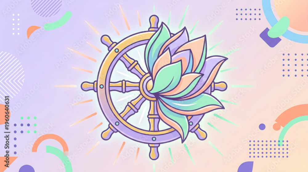 Fototapeta premium Dharma Wheel with Lotus and Geometric Shapes on Pastel Background standard flash