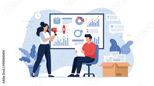 Female manager using a megaphone to motivate an employee working at his desk with business charts and papers in the background.