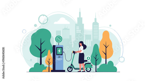 Modern woman charging her electric scooter at a public charging station in a sustainable city park area with skyscrapers.