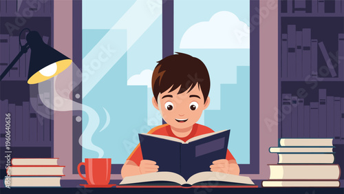 Happy schoolboy reading an interesting book at a desk with a warm lamp and steaming mug in a library setting with books.