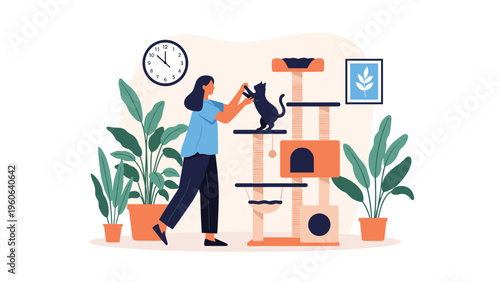 Young woman playing with her cat on a stylish multi-level cat tree in a cozy living room filled with lush indoor plants.