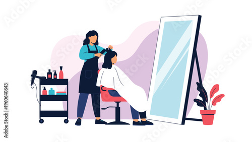 Professional hairstylist cutting and styling a woman's hair in front of a large mirror at a modern beauty salon.