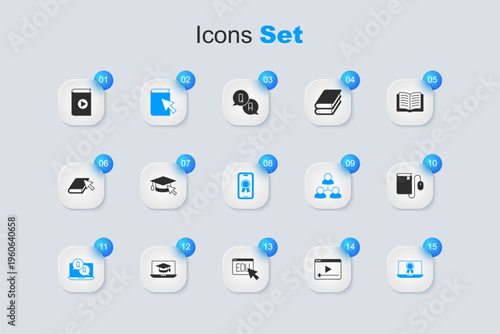 Set Online play video, Graduation cap with cursor, book, Question and Answer, education diploma, Electronic mouse, Audio and icon. Vector