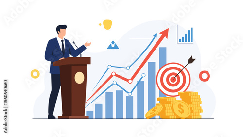 Confident speaker delivering a keynote presentation about business success and financial targets at a corporate conference.