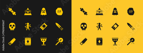 Set Magic runes, carpet, Circus ticket, Medieval goblet, Voodoo doll, Ghost, Bow tie and All-seeing eye of God icon. Vector