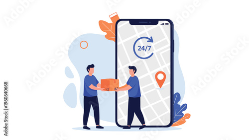 Fast delivery service concept showing two men exchanging a package in front of a giant smartphone with a location map.