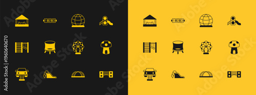 Set Slide playground, Ferris wheel, Monkey bar, Jumping trampoline, Playground climbing equipment, Sandbox with sand and Education logic game icon. Vector