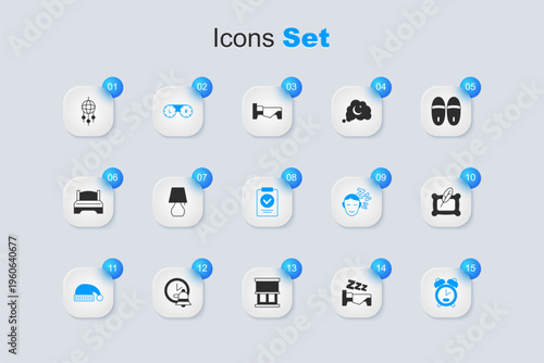 Set Time to sleep, Table lamp, Contact lens container, Sleeping hat, Alarm clock, Pillow, Dream catcher with feathers and Medical prescription icon. Vector