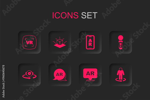 Set Augmented reality AR, 3d modeling, Virtual, VR controller game, and 360 degree view icon. Vector